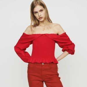 🦋 Maje Red Lenda Smocked off the Shoulder Blouse